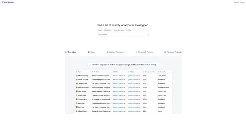 Exa Websets screenshot