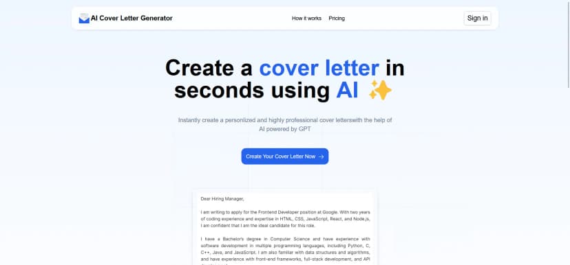 AI Cover Letter Generator screenshot